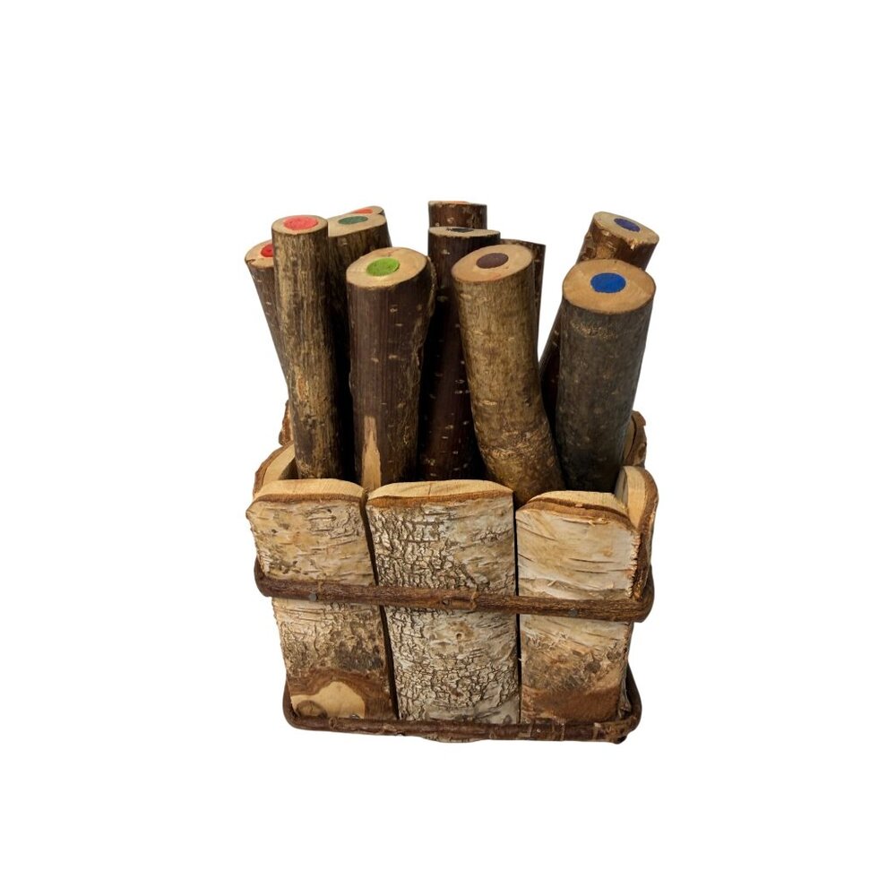 Birch Wood Colored Pencil Set In Rustic Holder For Cabin Resort Decor